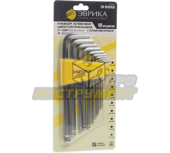 Набор ключей шестигранных ER-15101LB:Г-образных экстра длинных с шаром 1.5-10мм 10пр. ЭВРИКА /1/12/6