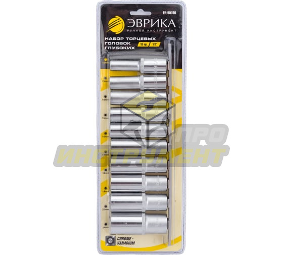 Набор торцевых головок ER-95190 1/2" DR глубоких 10-24мм 10 предметов ЭВРИКА /1/5/10 (10702070/23102