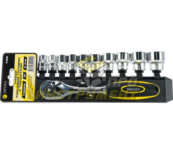 Набор торцевых головок с трещоткой ER-96080 3/8" DR 10-24мм 11 предметов, 72 зуб. (на держателе) ЭВР
