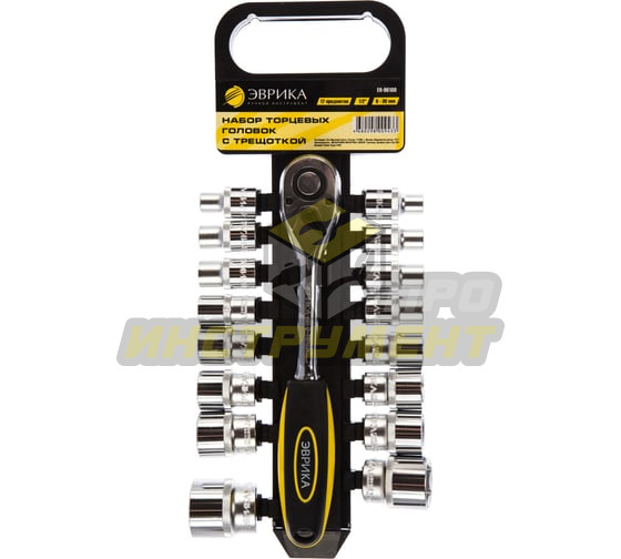 Набор торцевых головок с трещоткой ER-96100 1/2" DR 8-30мм 17 предметов, 72 зуб. (на держателе) ЭВРИ