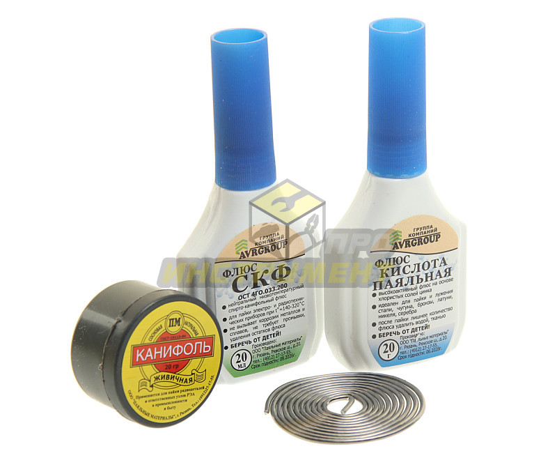 Набор для пайки "Профи 4" (кислота паяльная 20мл, флюс СКФ 20мл, флюс-паста 20г, ПОС-70 10г d-0,8мм