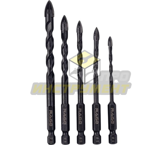 RAGE Набор сверл по стеклу и керамике 4 мм 5 мм 6 мм 8 мм 10 мм Quadro-X HEX 5 шт 550125