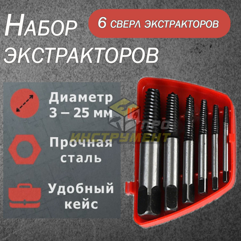 Набор экстракторов резьбы Partner 6пр.(М3-М25; Ø:3-6мм, 6-8мм, 8-11мм, 11-14мм, 14-18мм, 18-25мм; ме